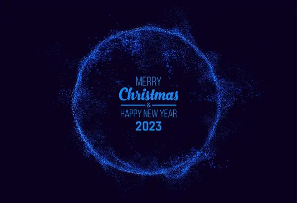 ハッピーニューイヤー2023 抽象的な青色の円が付いているメリー クリスマスおよび幸せな新年の挨拶の設計 ストックベクター