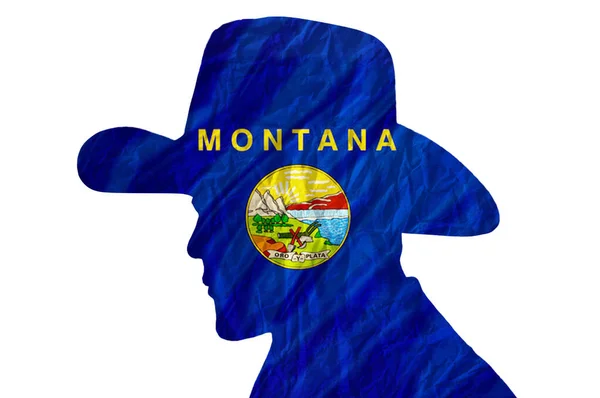 Kowbojska Sylwetka Flagą Montana Pogniecionym Papierowym Tle — Zdjęcie stockowe