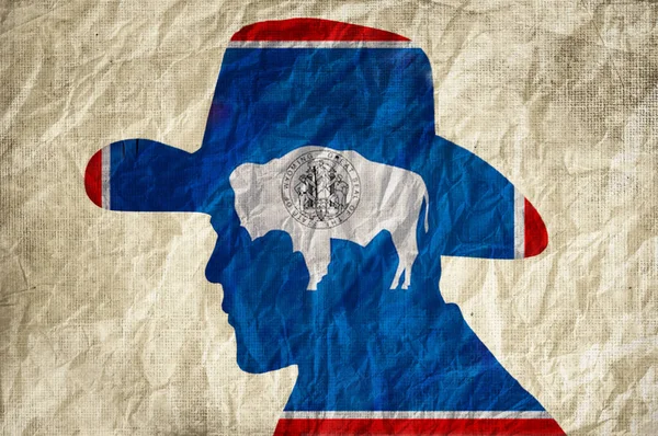 Cowboy Silhouette Wyoming Flag Wrinkled Paper Background — Stock Photo, Image
