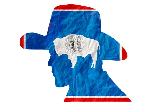 Cowboy Σιλουέτα Σημαία Του Γουαϊόμινγκ Τσαλακωμένο Φόντο Χαρτιού — Φωτογραφία Αρχείου