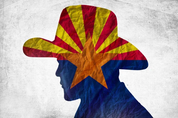 Kovboj Silueta Vlajkou Arizona Vrásčitém Papíře Pozadí — Stock fotografie