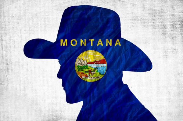 Kovboj Silueta Vlajkou Montana Vrásčitém Papíře Pozadí — Stock fotografie