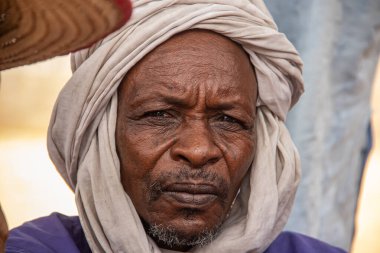 Afrika kabileleri, Nijerya, Borno Devleti, Maiduguri şehri. Geleneksel olarak renkli giyinen Fulani kabilesinin bir üyesi.