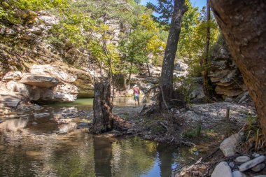 Mavi şort, pembe gömlek ve beyaz yaz şapkası giymiş genç bir kadın, küçük bir orman gölünde duruyor güzel bir doğanın ve temiz havanın keyfini çıkarıyor.