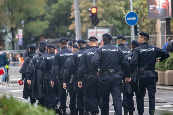 Anti riot special forces of Serbian police, securing non-violent civil gathering against violence in Kosovo, in Belgrade capitol of Serbia