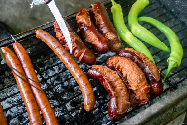 Charcoal Bbq Barbecue Grill Backyard Country Side Preparing Grilling Sausages — Stock Photo, Image