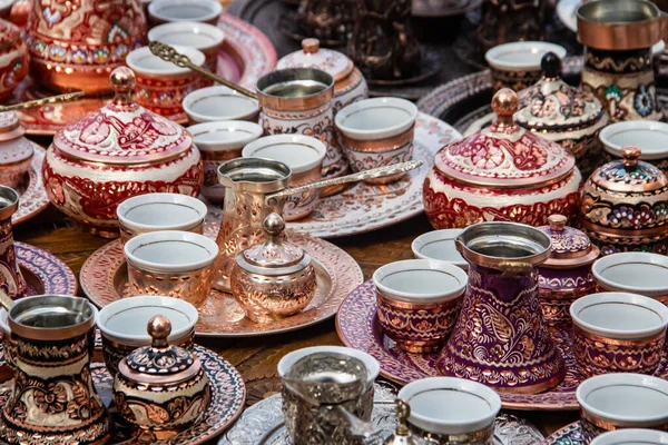 Turecké Hrníčky Hrnce Konvice Čaj Suvenýry Jsou Vyrobeny Mědi Město — Stock fotografie