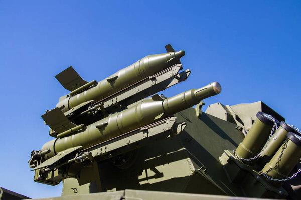 Modern sophisticated air defense missile system and rockets on self propelled launching weapon, exposed at arms international weapons fair in Belgrade
