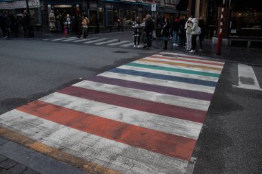 Belçika 2023, beyaz çizgiler arasında gökkuşağı desenli yaya zebra yolu..