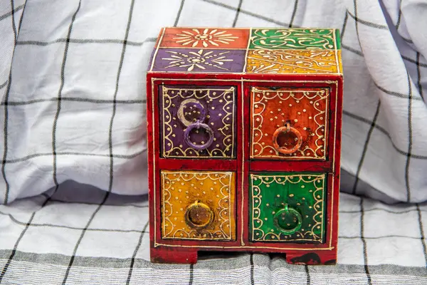 stock image Hand made colorful and decorative wooden box to keep jewelry inside, traditional box made in Afghanistan, Kabul, purchased in Chicken street shop