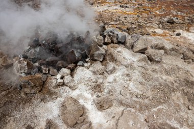 Etiyopya 'daki Alolabad jeotermal alanı. Rengarenk kaplıcaların gerçeküstü manzarası, dumanı tüten fümeroller ve deniz seviyesinin altındaki kurak ve uzak bir çöl olan Afar Çölü' nde tuz gayzerleri. Suyun sıcaklığı 112C 'ye çıktı. 