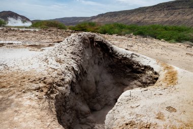 Etiyopya 'daki Alolabad jeotermal alanı. Rengarenk kaplıcaların gerçeküstü manzarası, dumanı tüten fümeroller ve deniz seviyesinin altındaki kurak ve uzak bir çöl olan Afar Çölü' nde tuz gayzerleri. Suyun sıcaklığı 112C 'ye çıktı. 