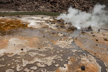 Alolabad geothermal area in Ethiopia with surreal landscape of colorful hot springs, steaming fumaroles, and erupting salt geysers in an arid, remote desert setting below sea level, Afar desert. Temperature of water is up to 112C  clipart