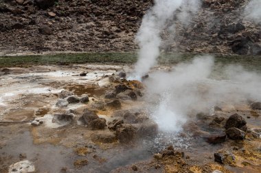 Etiyopya 'daki Alolabad jeotermal alanı. Rengarenk kaplıcaların gerçeküstü manzarası, dumanı tüten fümeroller ve deniz seviyesinin altındaki kurak ve uzak bir çöl olan Afar Çölü' nde tuz gayzerleri. Suyun sıcaklığı 112C 'ye çıktı. 
