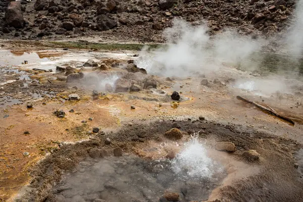 stock image Alolabad geothermal area in Ethiopia with surreal landscape of colorful hot springs, steaming fumaroles, and erupting salt geysers in an arid, remote desert setting below sea level, Afar desert. Temperature of water is up to 112C 