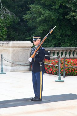 WASHINGTON DC, USA - SEP 5, 2022: Change of the guard near the Unknown Soldier tomb at the Arlington national cemetery. United States military cemetery is the most sacred national landmark.