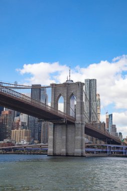 Brooklyn bridge connecting Brooklyn island with financial district on Manhattan, New York, United States of America
