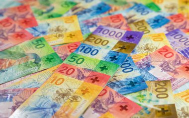 Colorful variety of Switzerland banknotes