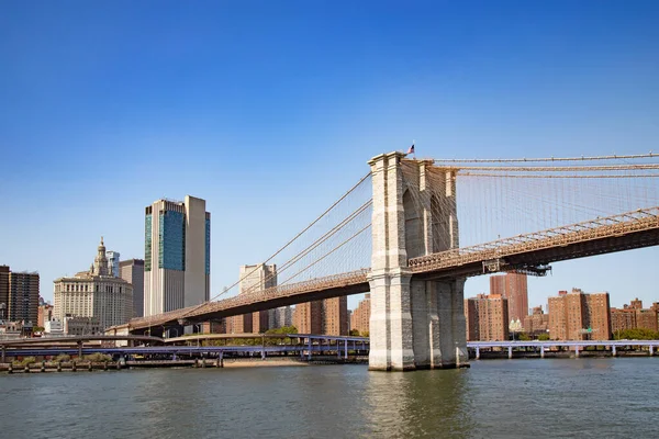 Brooklyn bridge connecting Brooklyn island with financial district on Manhattan, New York, United States of America