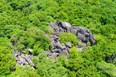 Seyşeller 'deki La Digue adasındaki ünlü Anse Source D' Argent plajı