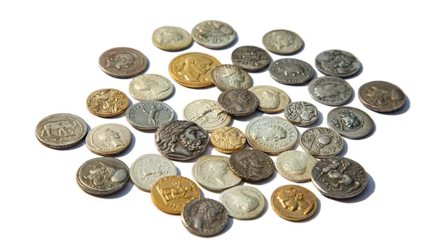 Sammlung Der Antiken Griechischen Und Römischen Münzen Auf Dem Weißen — Stockfoto