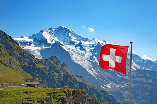 Bandeira Suíça Topo Mannlichen Região Jungfrau Berna Suíça — Fotografia de Stock