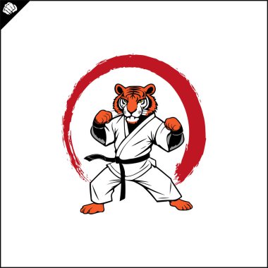Tiger karate logosu çizgi filmi. Grafiksel logo. Vektör EPS