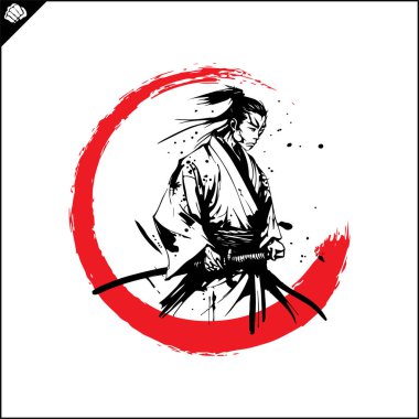 Samuray. Japonya savaşçısı Katana Sward. Grafiksel logo. Vektör EPS