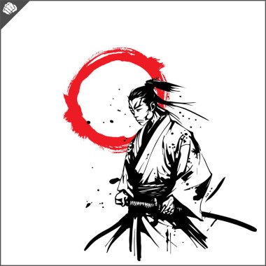 Samuray. Japonya savaşçısı Katana Sward. Grafiksel logo. Vektör EPS