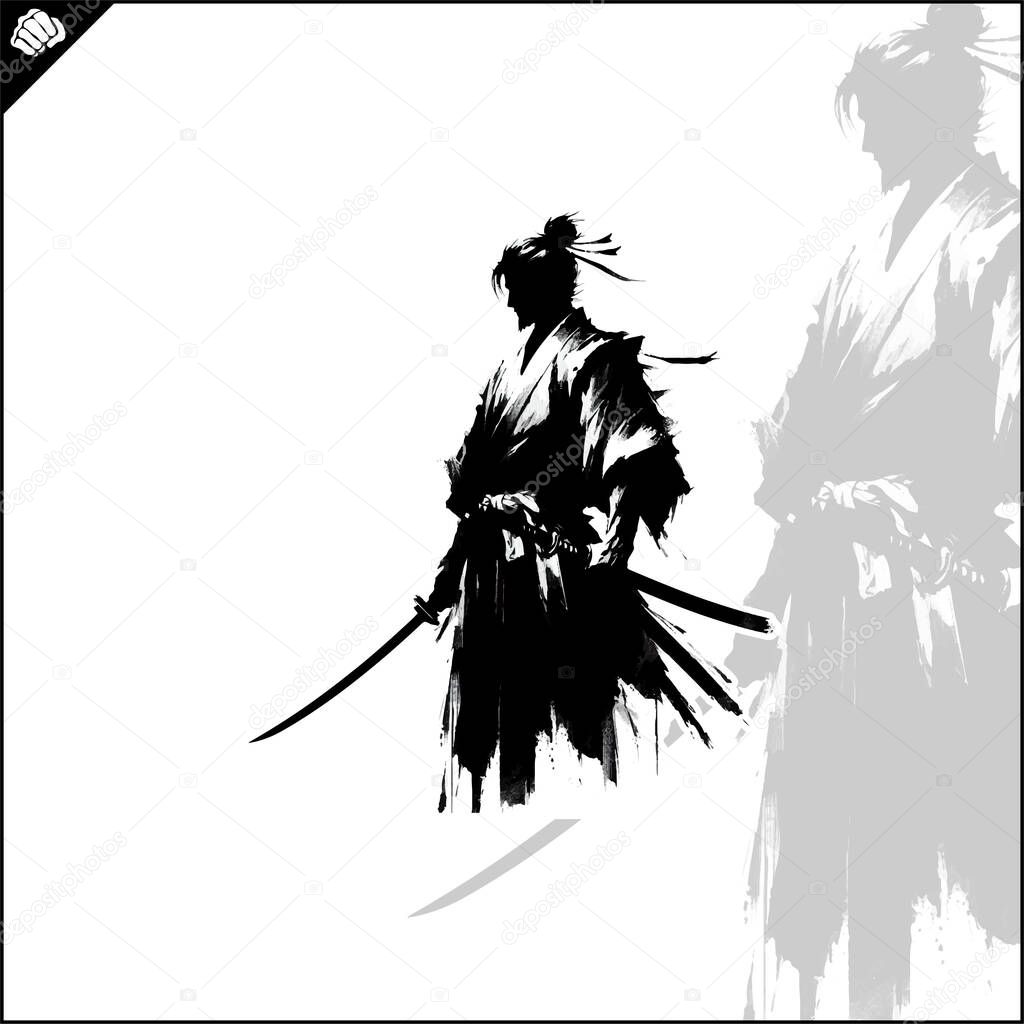 Samurai. Japan warrior whith katana sward. Graphic logo. Vector EPS