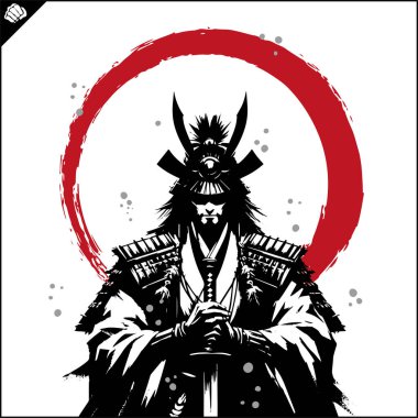 Samuray. Japonya savaşçısı Katana Sward. Grafiksel logo. Vektör EPS
