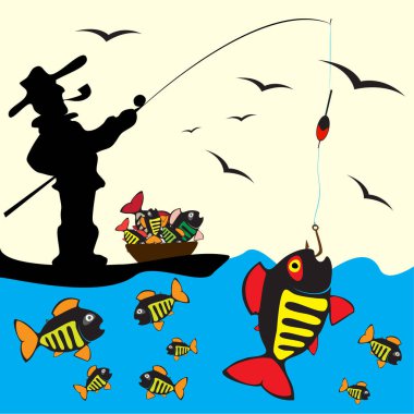 Balıkçılık Güzel yaz hobi Vektör karikatür poster Eps