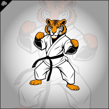 Avcı logosu. Tiger karate logosu çizgi filmi. Grafiksel logo. Vektör EPS
