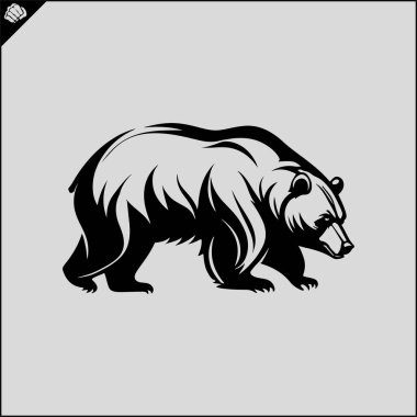 Siyah ayı boz ayı, siluet, yan görüş, yukarı bakmak, şablon, düz vektör, beyaz arka plan. Oyun spor logosu.