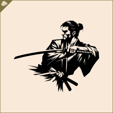 Samuray. Japonya savaşçısı Katana Sward. Grafiksel logo. Vektör EPS