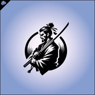 Samuray. Japonya savaşçısı Katana Sward. Grafiksel logo. Vektör EPS