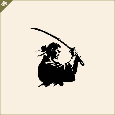 Samuray. Japonya savaşçısı Katana Sward. Grafiksel logo. Vektör EPS
