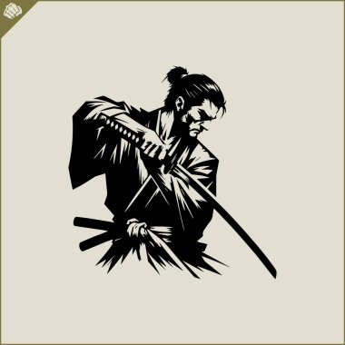 Samuray. Japonya savaşçısı Katana Sward. Grafiksel logo. Vektör EPS