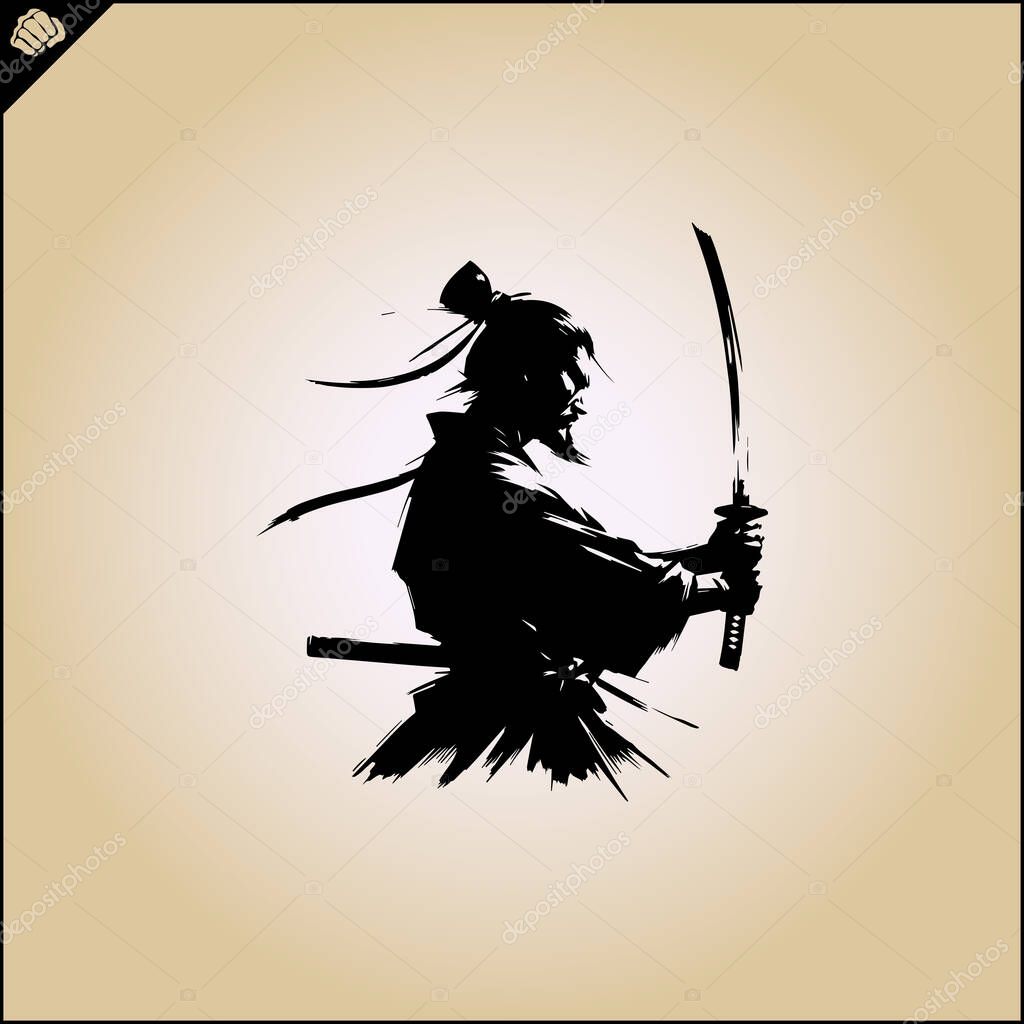 Samurai. Japan warrior whith katana sward. Graphic logo. Vector EPS