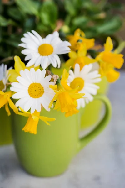 Ностальгічне Весняне Враження Натюрморт Жовтим Білим Букетом Дабі Нарцисів Зеленій — стокове фото