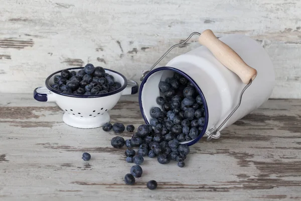 Blueberries Enamel Jug Bowl Rustic Still Life Healthy Fruit White — Stock Photo, Image