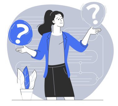 Seçim yap, karar ver. Genç, şaşkın kadın çizgi film karakteri ayakta ve iki seçenek arasında seçim yapıyor. Düz vektör illüstrasyonu