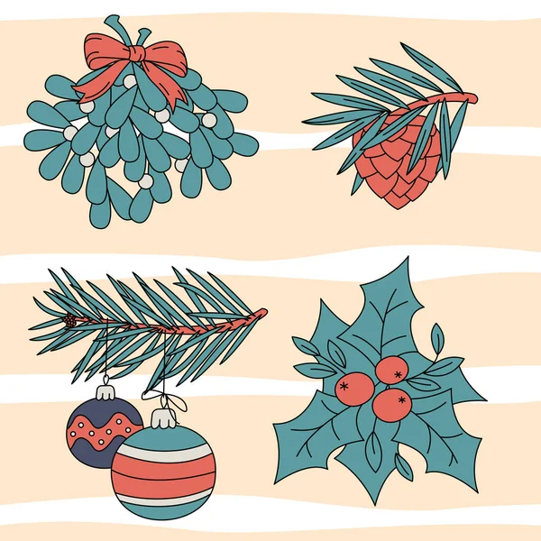Holly Alegre Mas Noel Decoraciones Navidad Floral Elementos Diseño Año — Archivo Imágenes Vectoriales