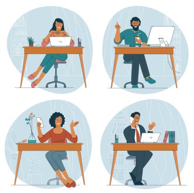 Ofis çalışanları ve profesyoneller. Ofis masasında oturan çekici, kendine güvenen genç erkek kadınlar..