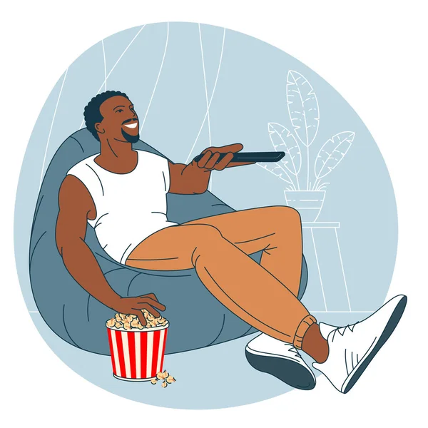 Relaxed Man Popcorn Watching While Sitting Chair Viewing Favorite Television — Stock Vector
