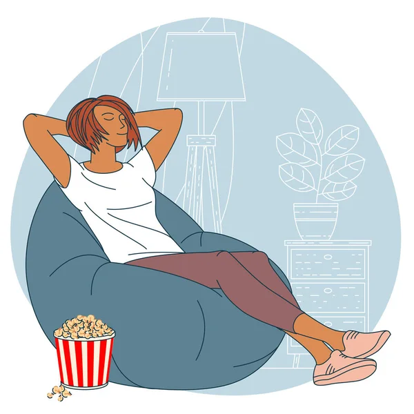 Entspannt Sitzt Eine Junge Frau Mit Popcorn Sessel Vor Dem — Stockvektor