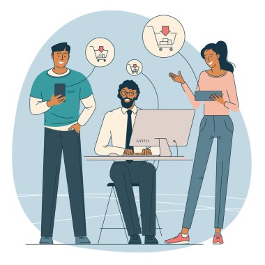 Aygıt üzerinden hedef iletiler bir müşterinin markanızla nasıl bağlantı kurduğunu anlayın. Çoklu platform mağazası ve çok kanallı müşteri iletişimi. Çevrimiçi alışveriş uygulaması vektör kavramı.