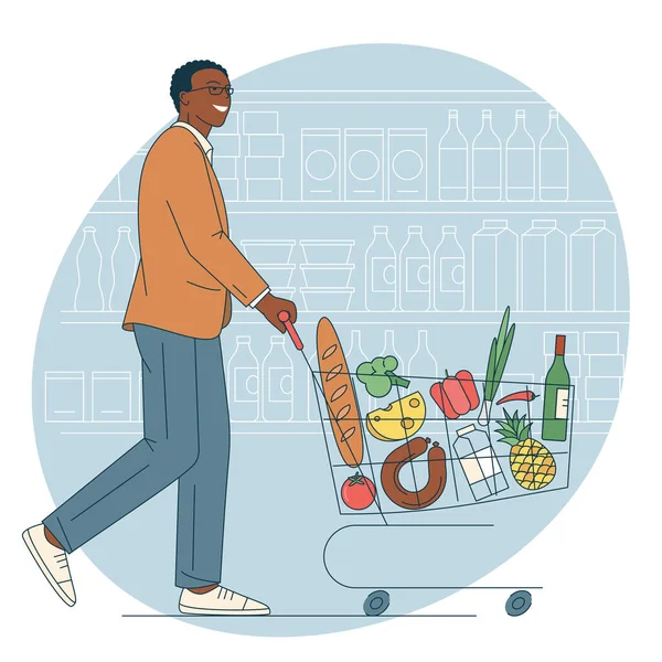 Mladý Muž Tlačí Supermarketu Nákupním Vozíkem Plným Potravin Vektorová Ilustrace — Stockový vektor