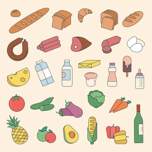 Vector Set Thin Line Color Grocery Icons Bakery Meat Milk — Stock Vector