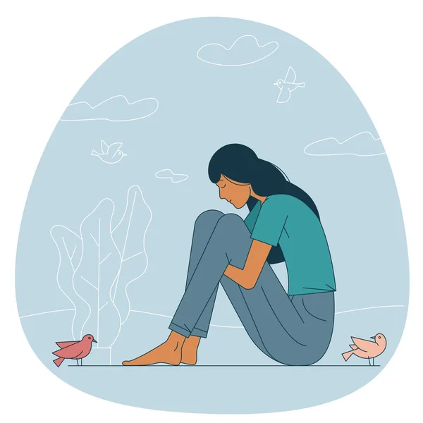 Vector Catoon Illustration Eines Traurigen Mädchens Das Sitzt Und Unglücklich — Stockvektor